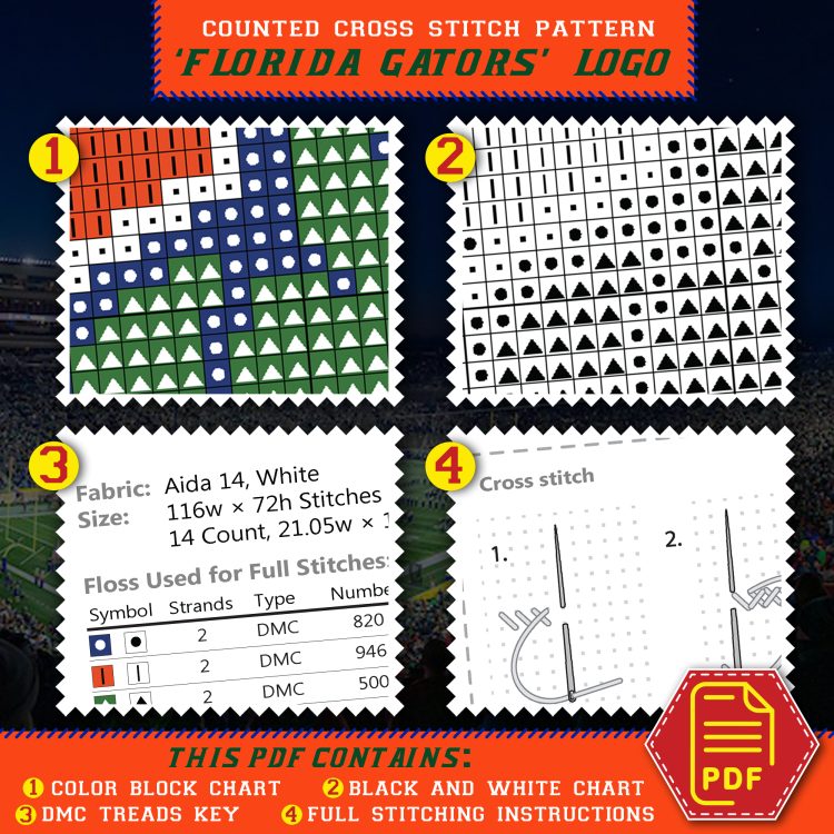 Florida Gators logo counted cross stitch pattern key chart
