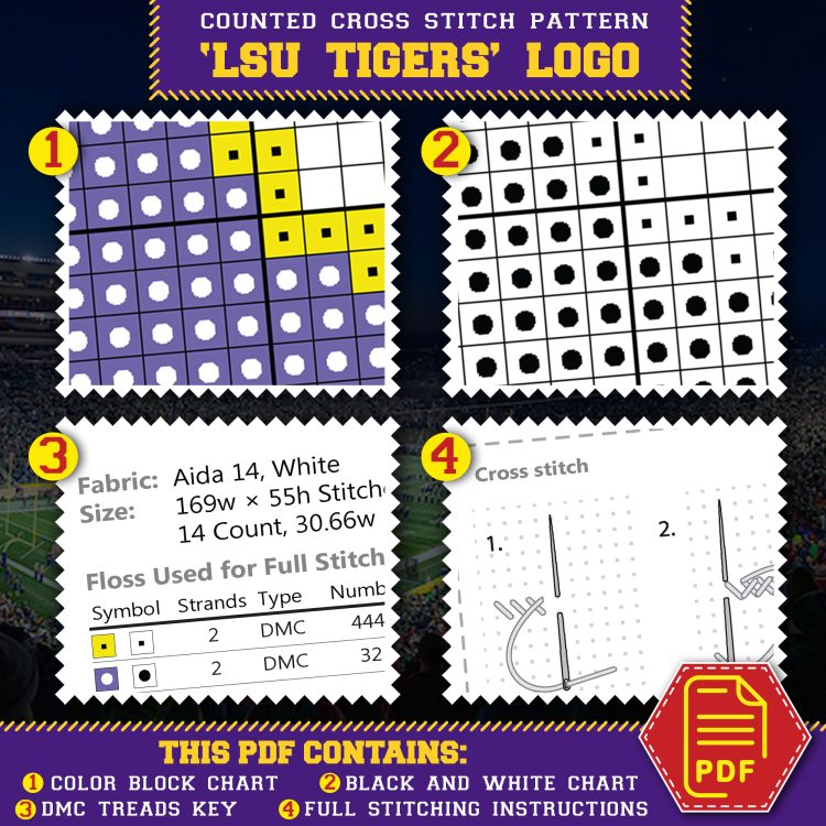 LSU Tigers logo counted cross stitch block chart - 04