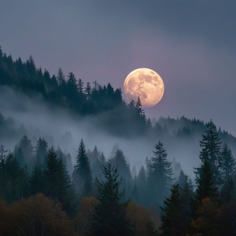 full moon above misty forest in Forks WA 2000x1000