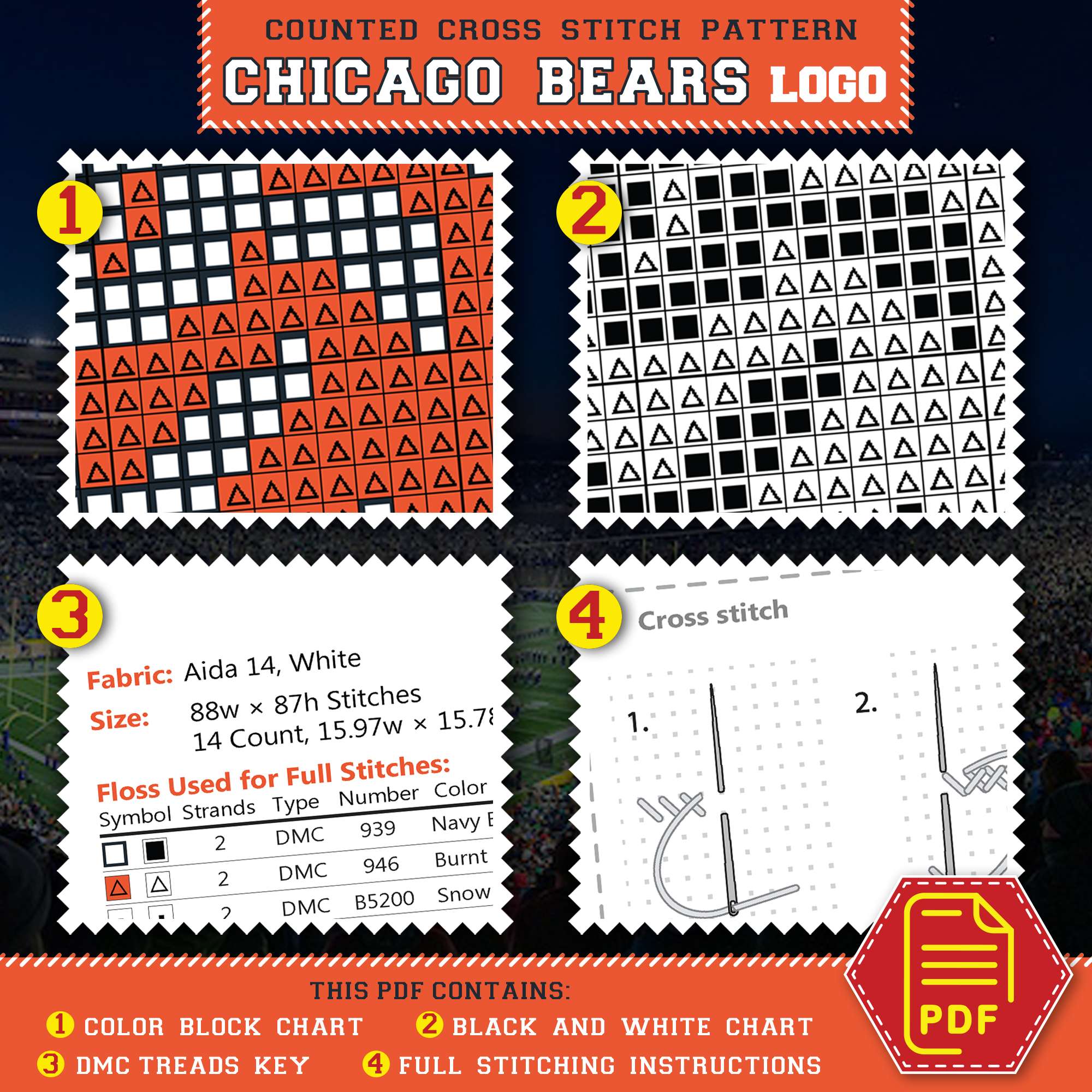 Chicago Bears Cross Stitch Kit Contents - PDF Pattern and Floss List
