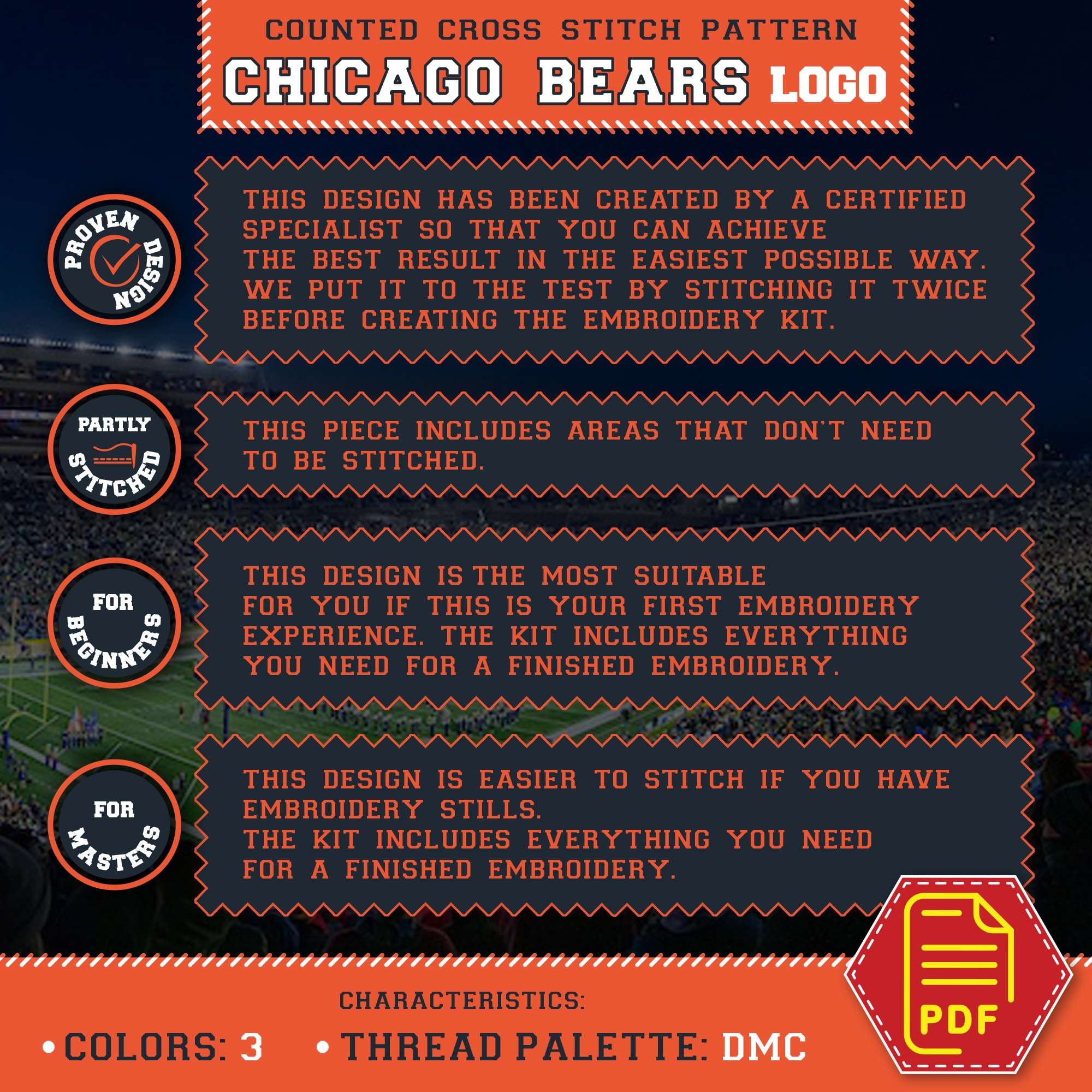 Easy Cross Stitch Instructions - Chicago Bears Symbol Guide