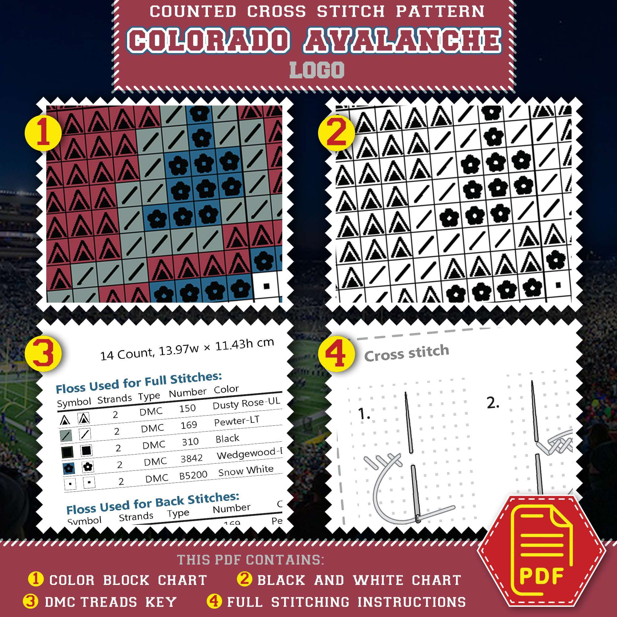 Colorado Avalanche Cross Stitch Kit Contents - PDF Embroidery Chart