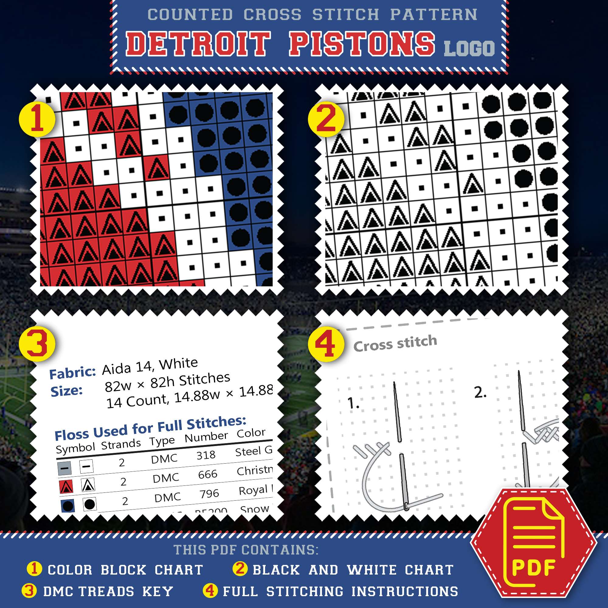 Detroit Pistons Cross Stitch Kit Contents - PDF Pattern and Thread List