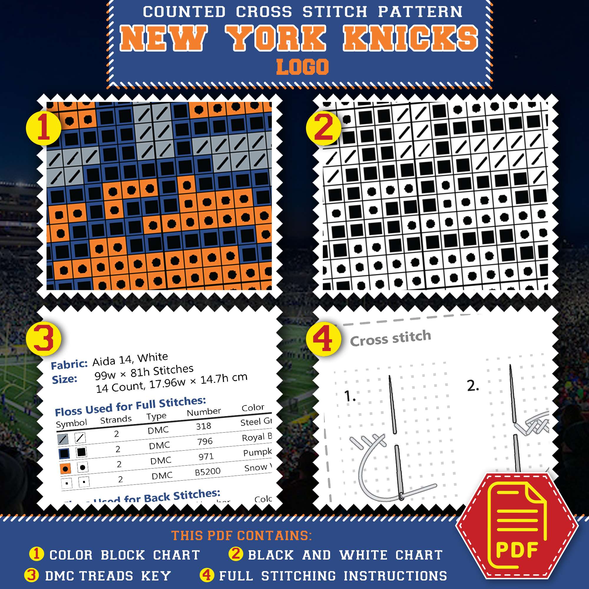 New York Knicks Cross Stitch Kit Contents - PDF Embroidery Chart