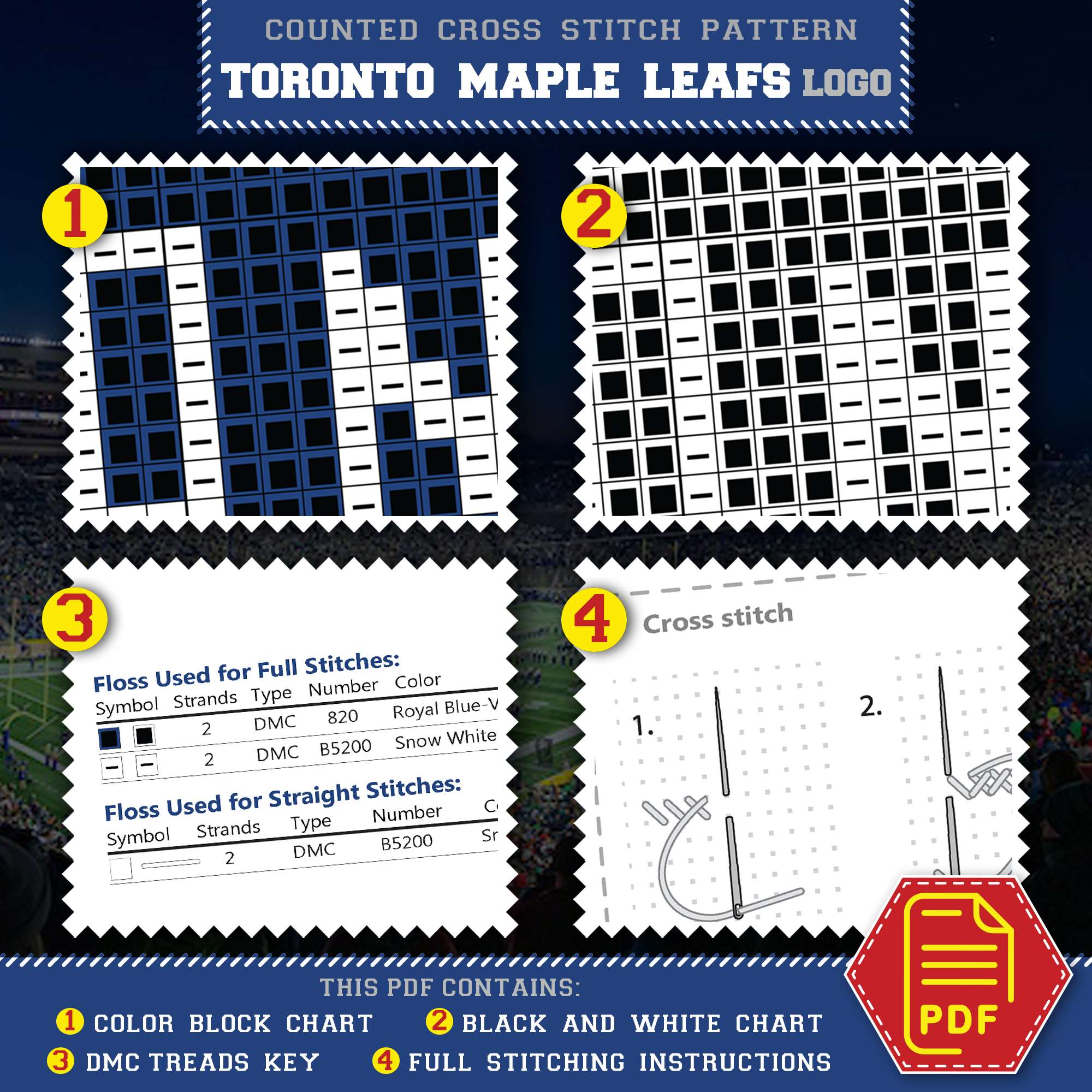Toronto Maple Leafs Crest Cross Stitch Kit Contents - PDF Pattern and Floss List