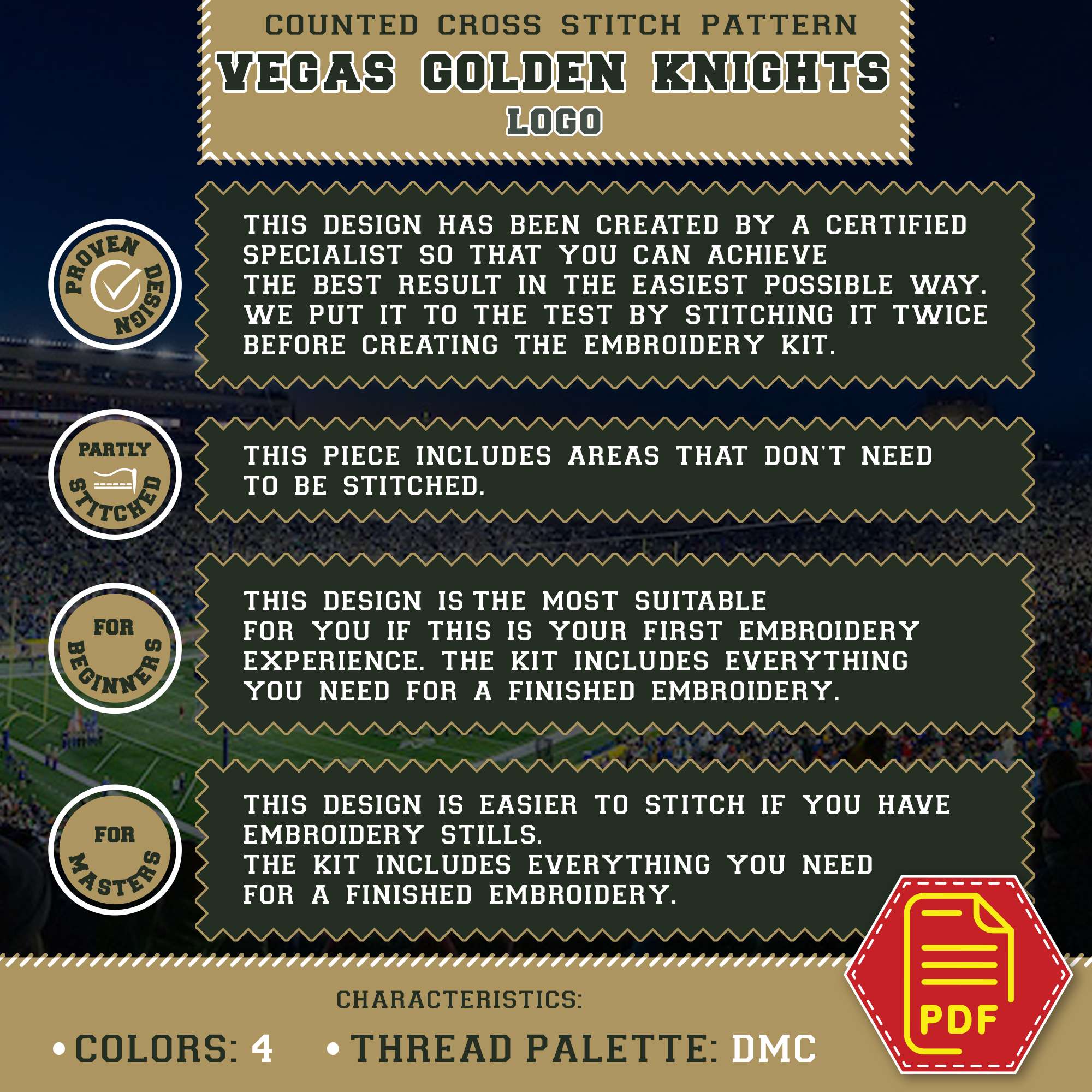 Cross Stitch Instructions for Vegas Golden Knights Crest - Beginner Friendly