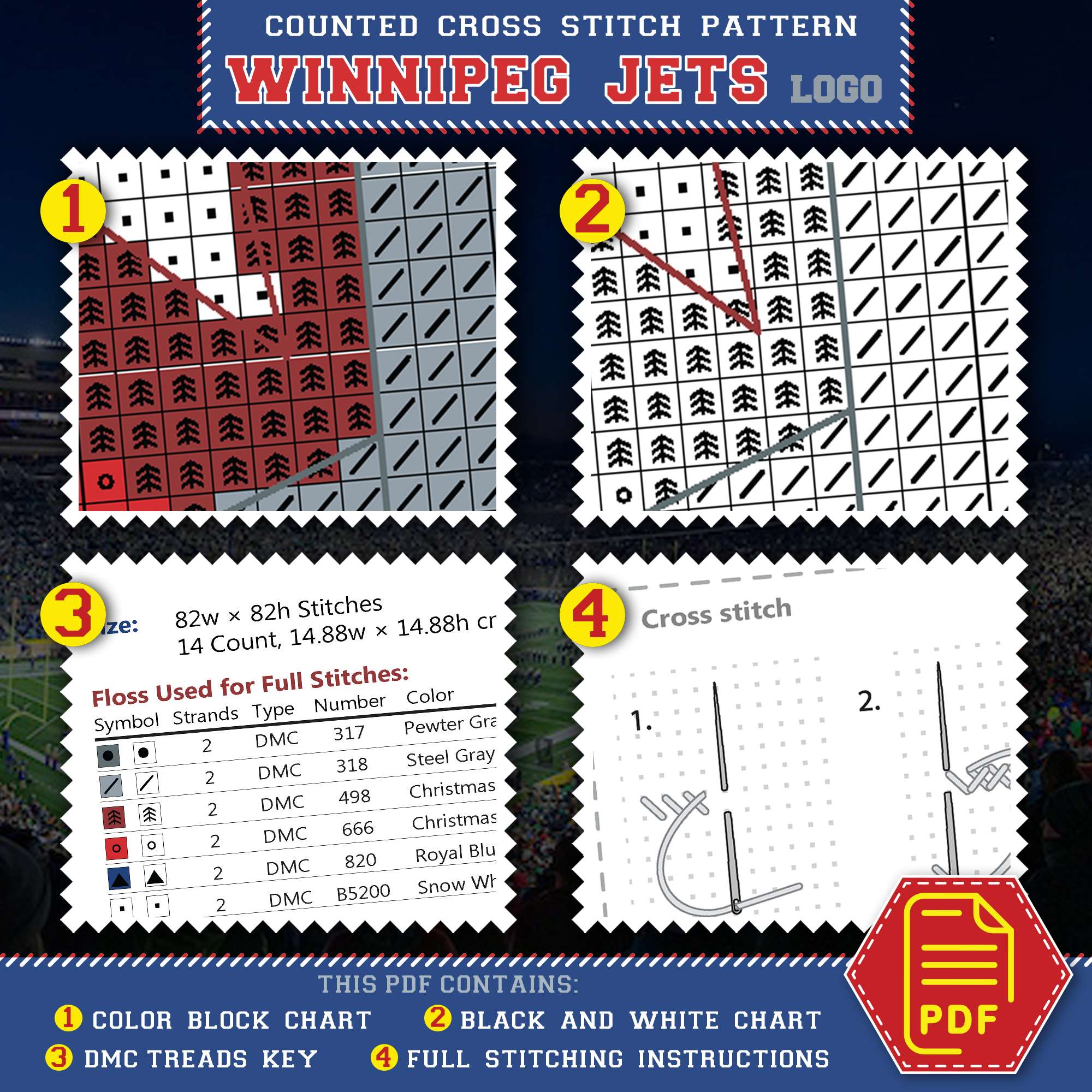 Winnipeg Jets Cross Stitch Kit Contents - PDF Pattern List