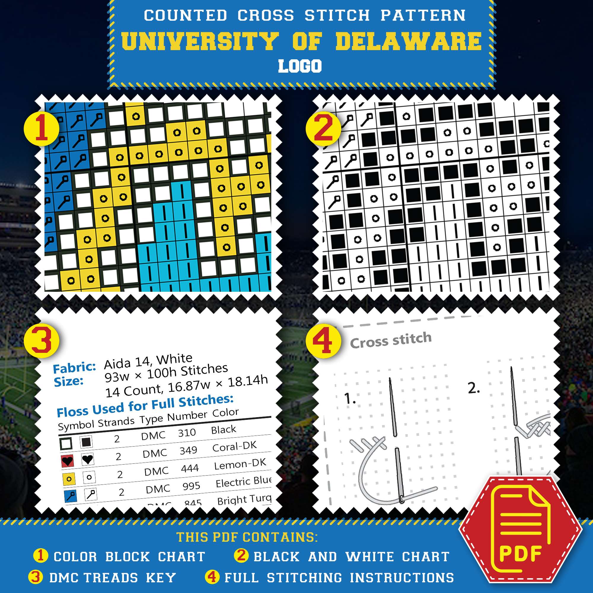 Delaware Fightin' Blue Hens Embroidery Kit Contents - PDF Download List