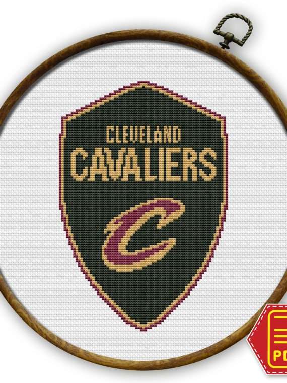 Cleveland Cavaliers logo counted cross stitch pattern shown in an embroidery hoop with PDF download badge