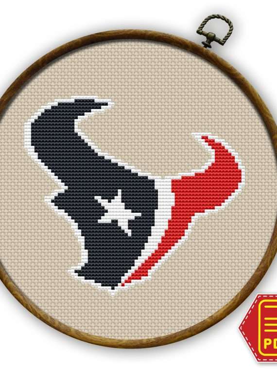 Houston Texans logo counted cross stitch pattern shown in an embroidery hoop with PDF download badge