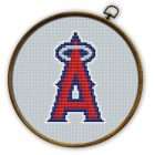 Los Angeles Angels logo cross stitch pattern shown in embroidery hoop