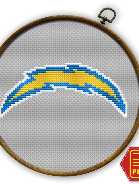 Los Angeles Chargers logo counted cross stitch pattern shown in an embroidery hoop with PDF download badge