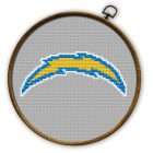 Los Angeles Chargers Logo Counted Cross Stitch Pattern - Download in PDF 7 Los Angeles Chargers logo cross stitch pattern shown in a wooden embroidery hoop