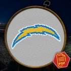 Los Angeles Chargers Logo Counted Cross Stitch Pattern - Download in PDF 2 Los Angeles Chargers logo counted cross stitch pattern displayed in a hoop over a stadium background