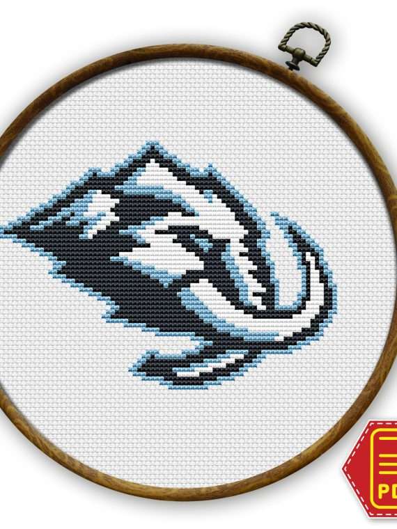 Utah Mammoth logo counted cross stitch pattern shown in an embroidery hoop with PDF download badge