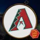 Arizona Diamondbacks Logo Counted Cross Stitch Pattern - Download in PDF 3 Arizona Diamondbacks logo cross stitch in a hoop against a stadium background with PDF badge