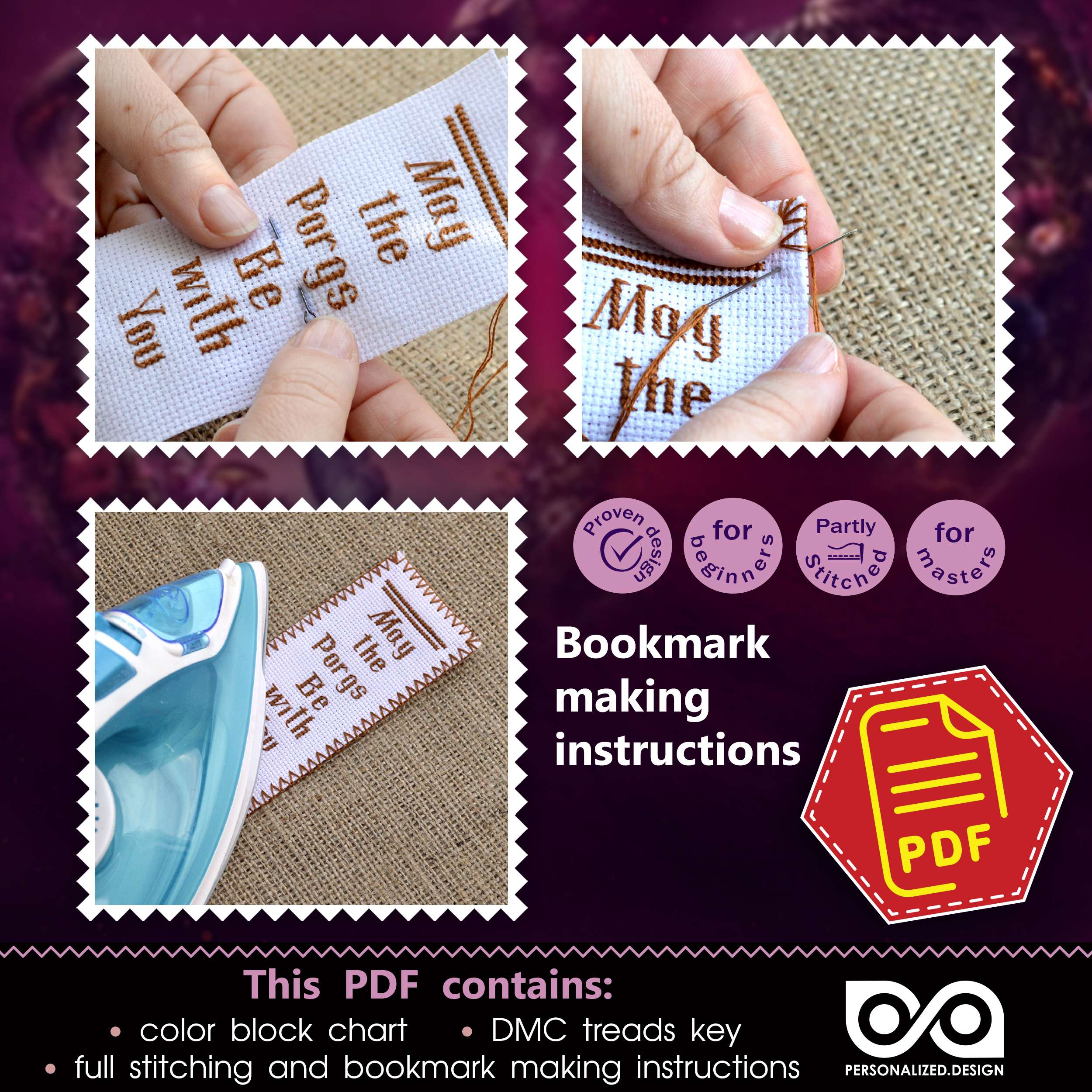 Bookmark making instructions from the PDF: stitching the border and ironing the finished bookmark