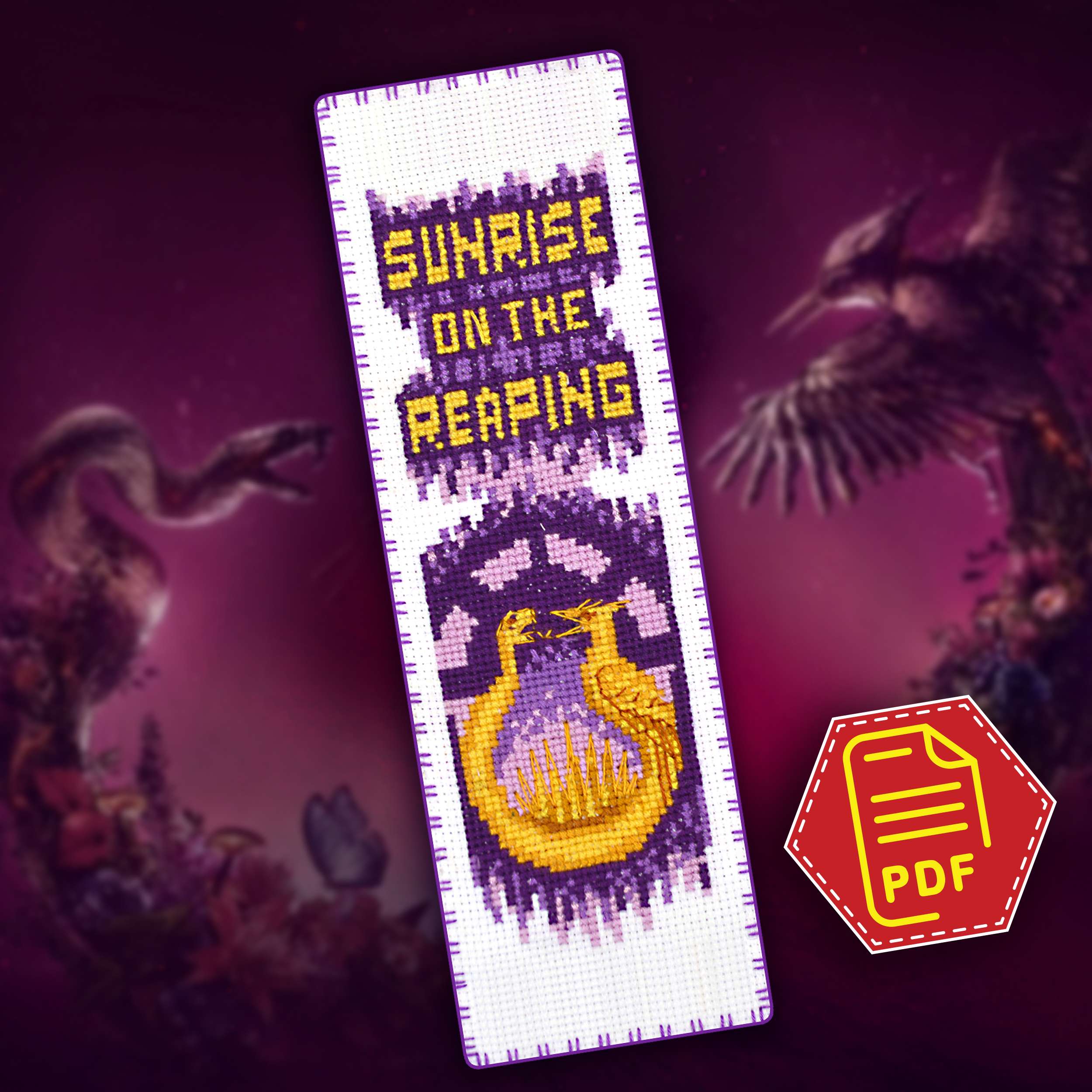 Sunrise on the Reaping cross stitch bookmark on a dark violet fantasy background