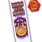 "The Hunger Games: Sunrise on the Reaping" Counted Cross Stitch Bookmark Pattern – Download in PDF 1 Cross stitch bookmark with the words Sunrise on the Reaping in golden letters on violet and a golden emblem below