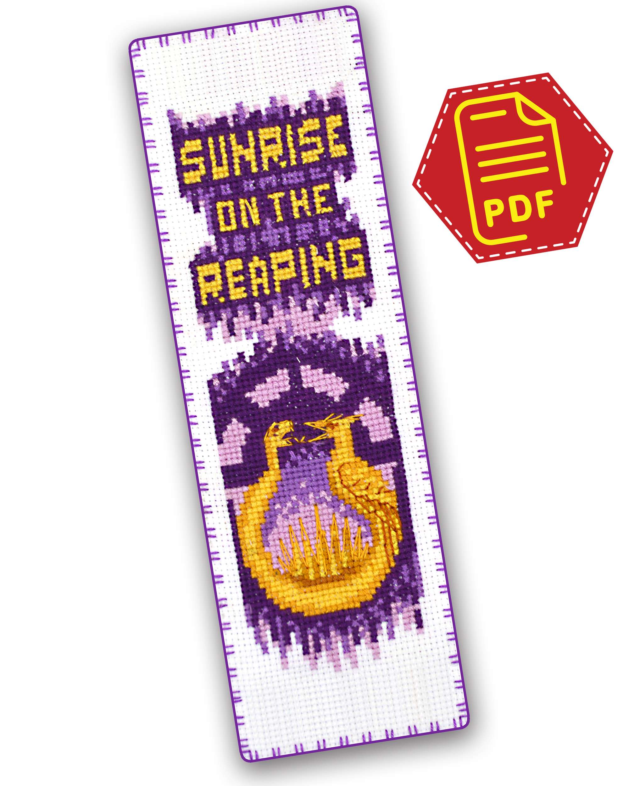 KSK2-304_01 Cross stitch bookmark with the words Sunrise on the Reaping in golden letters on violet and a golden emblem below